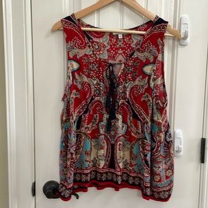 ANTHRO Patrons of Peace red and navy print top.  L